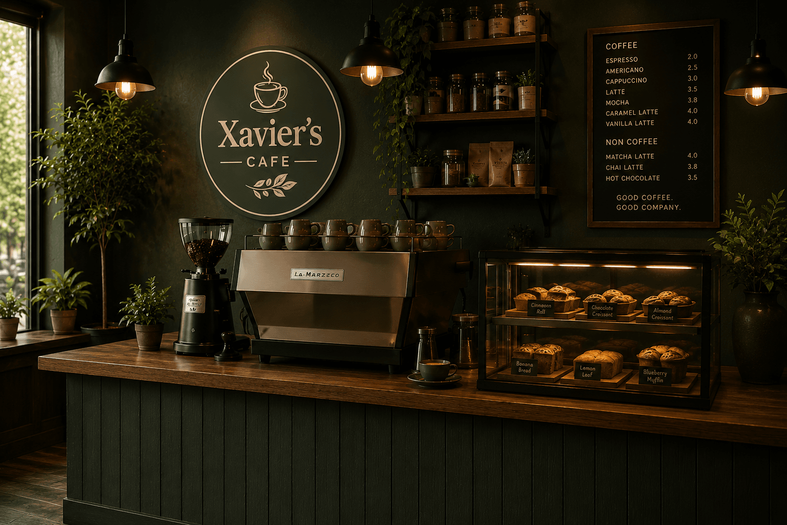Inside Xavier's Cafe — espresso bar and shelving
